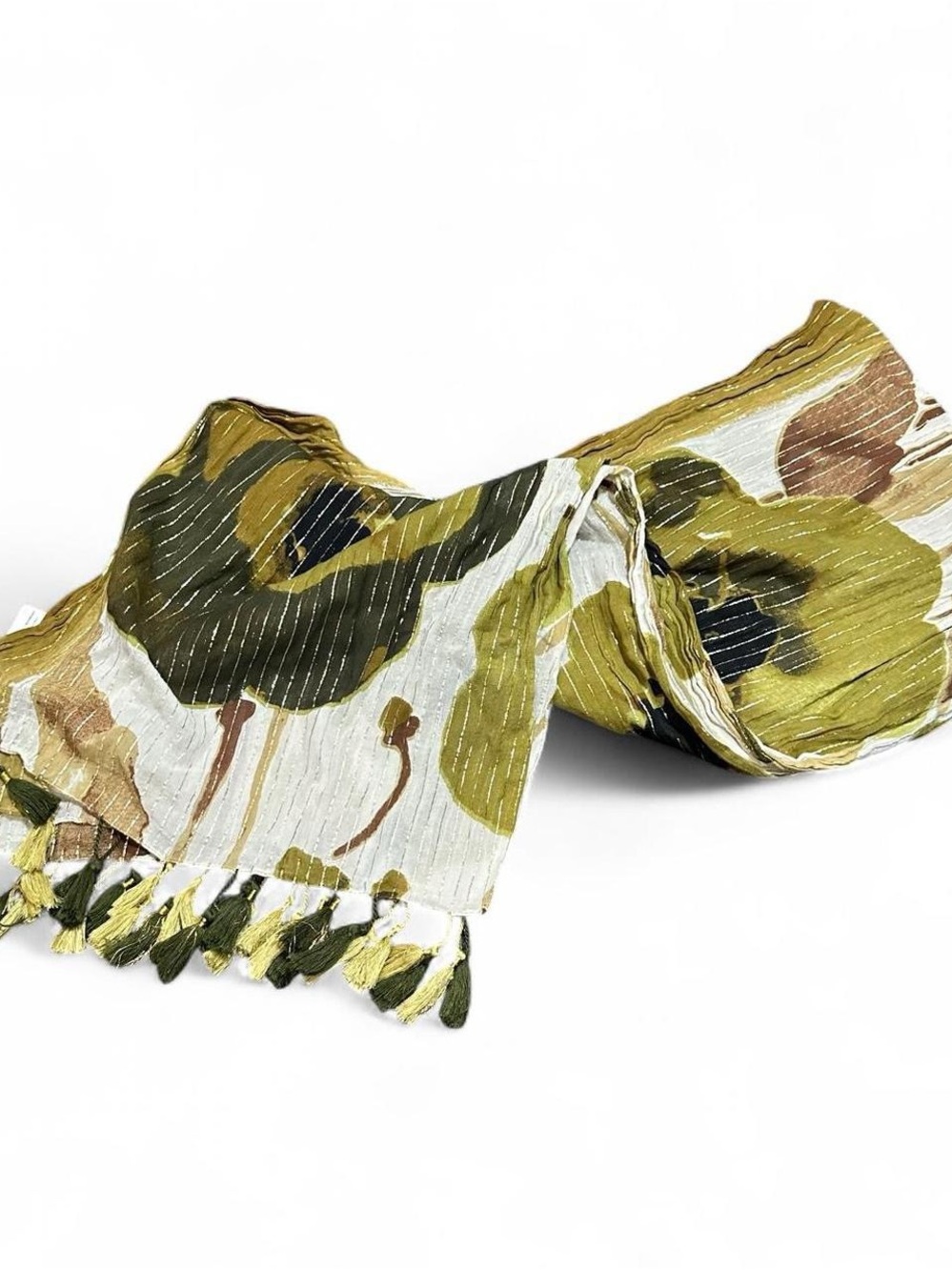 Olive Green Floral Tassel Scarf